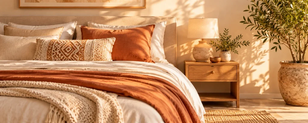 Chambre lumineuse aux tons beige et terracotta, avec lit, coussins et table de chevet