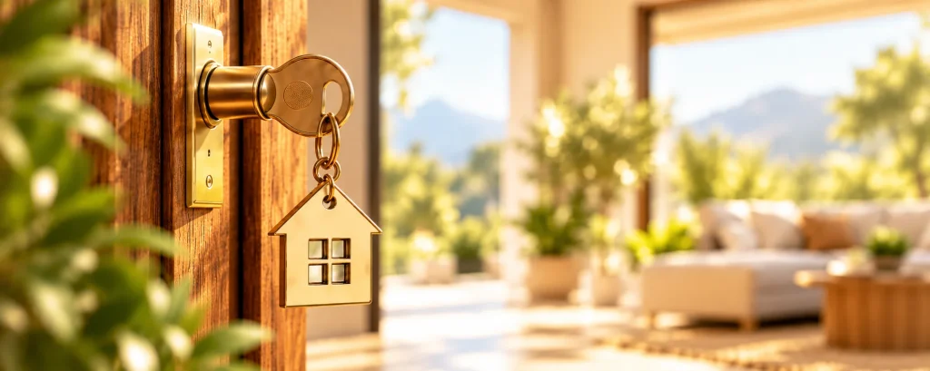 Clé dorée sur une porte en bois, avec un porte-clés en forme de maison