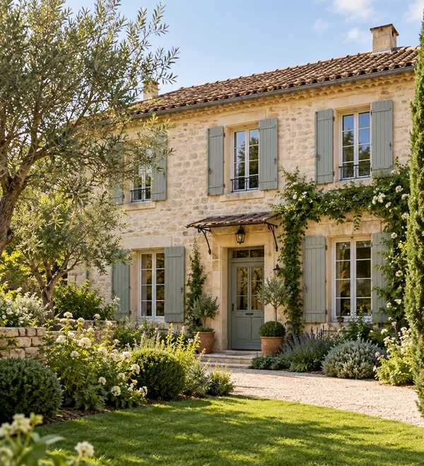 Maison avec jardin verdoyant, photographiée en plein jour